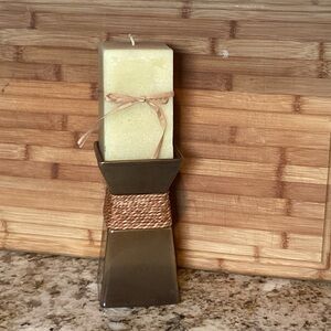 PARTYLITE RUSTIC CERAMIC CANDLE PILLAR CANDLE HOLDER 7" w/CANDLE 5”